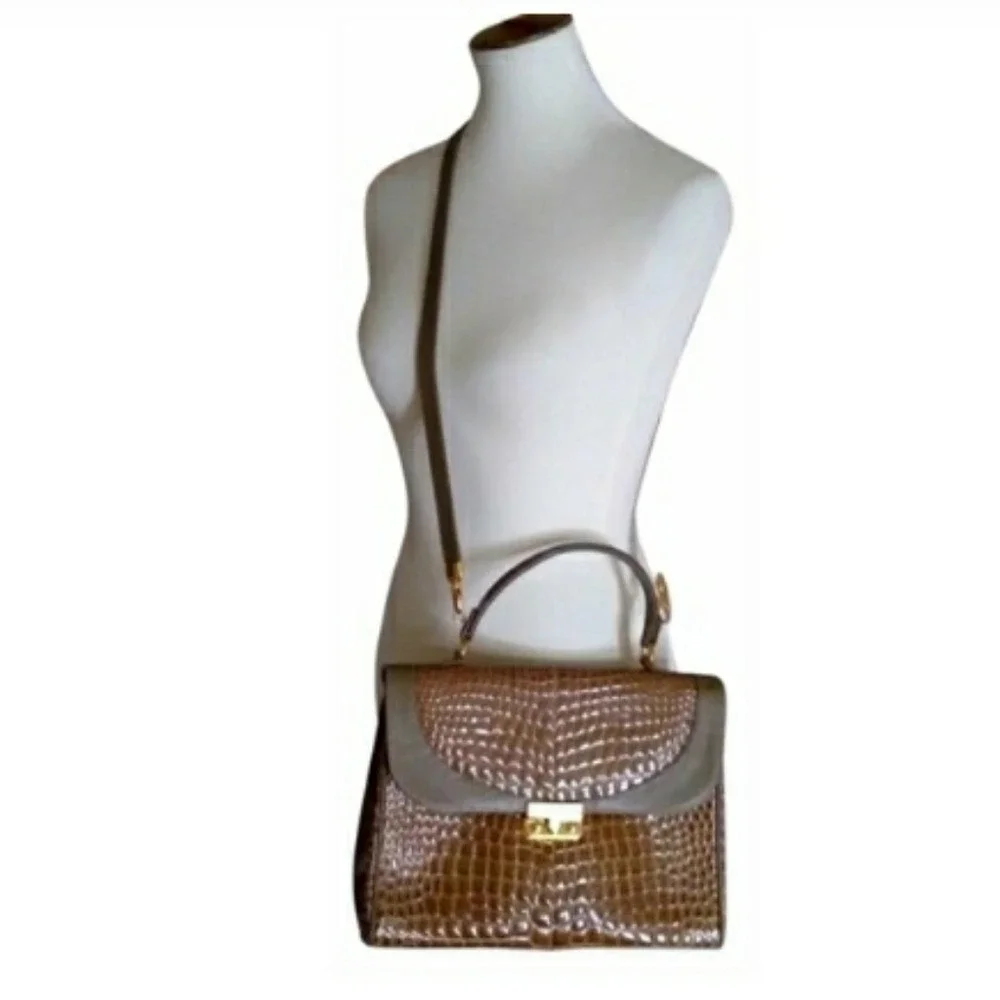 Due Fratelli Taupe Crocodile Embossed Leather‎ Top Handle Bag Made in Canada